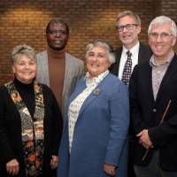 All four endowed professors of civil discourse with interim dean Mark Schaub and Shelley Padnos and Carol Sarosik